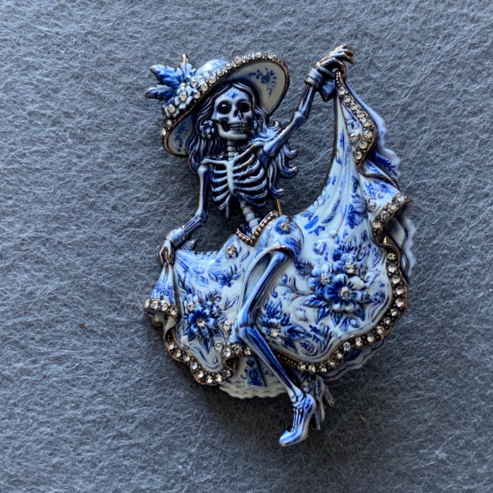 Blue Enamel Day of the Dead La Catrina Brooch Pin Skeleton Dancing Rhinestone
